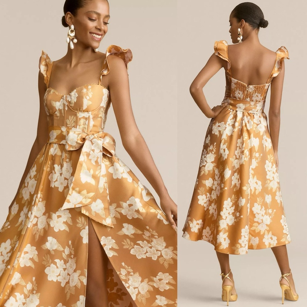 NWT V. Chapman Vera Ruffle-Strap Corset Side-Slit Midi Dress Anthropologie